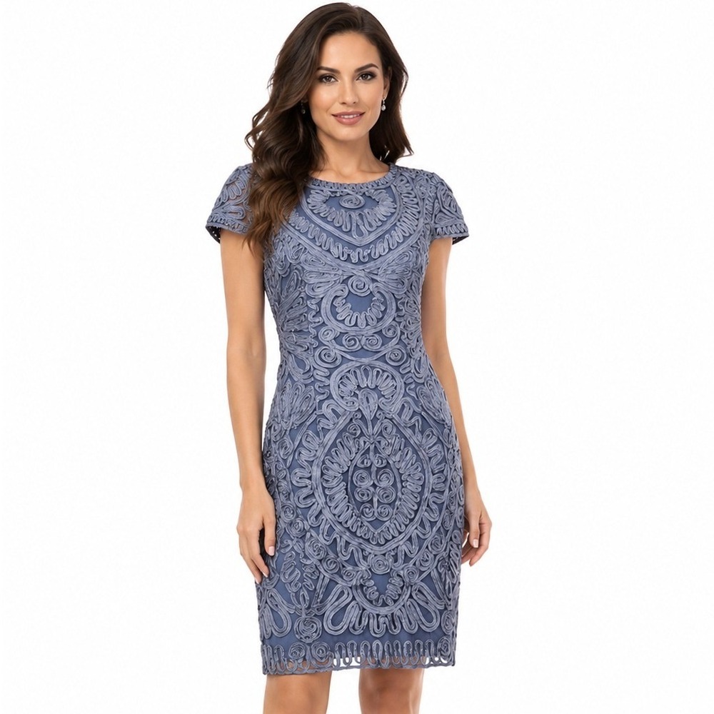 JS Collections Soutache Sheath Dress Blue Embroidered Cocktail 864310 Size 6